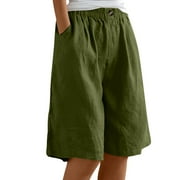Bermuda Shorts for Women Casual Summer Womens Comfy Long Cotton Linen Shorts Knee Length High Waisted Shorts for Women Pull On Beach Shorts with Pockets Army Green 3XL